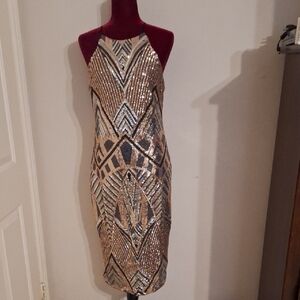 Gold and Black Sequin Sheath Dress